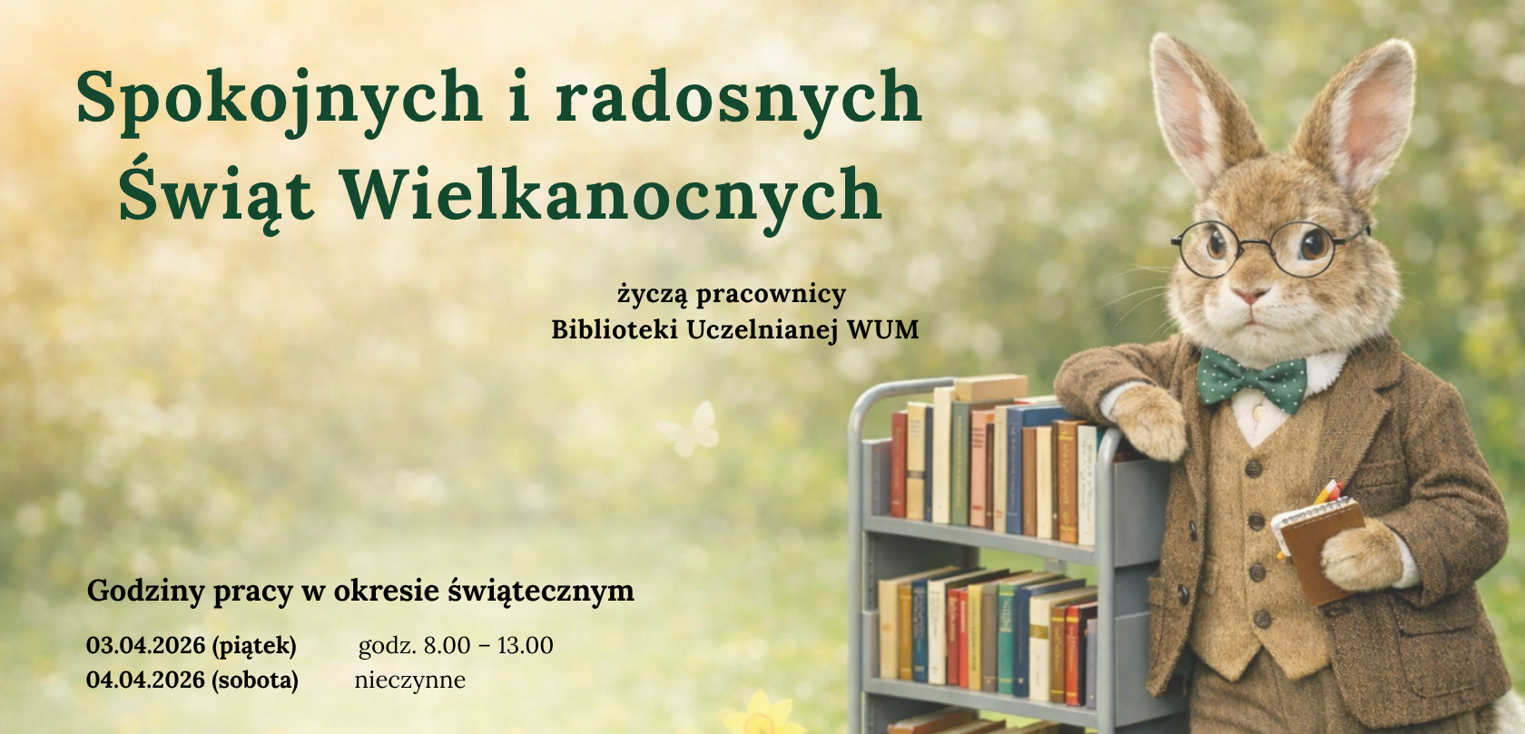 Ilustrowany królik w okularach, ubrany w marynarkę, kamizelkę i muchę, stoi obok regału z książkami, trzymając jedną książkę w łapie. W tle rozmyte, wiosenne, zielone tło z bokeh. Po lewej stronie umieszczony jest tekst: ‘Spokojnych i radosnych Świąt Wielkanocnych życzą pracownicy Biblioteki Uczelnianej WUM’. Pod spodem znajduje się informacja o godzinach pracy: 3.04.2026 (piątek) godz. 8.00–13.00, 4.04.2026 (sobota) – nieczynne.